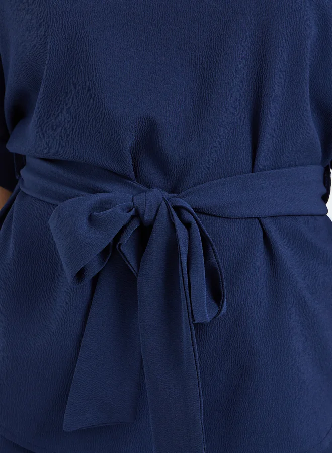 ستايلي طقم بلوزة وبنطلون نسائي بحزام بلون سادة